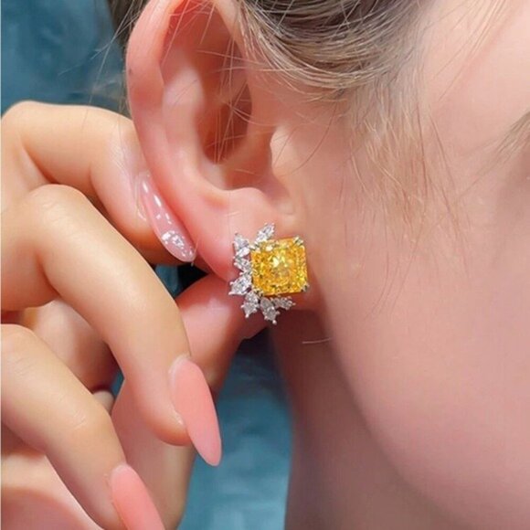 Yellow Radiant Cut Crystal Stud Earrings W/ CZ Halo 1.6cm X 1.3cm Elegant Square - Picture 4 of 4